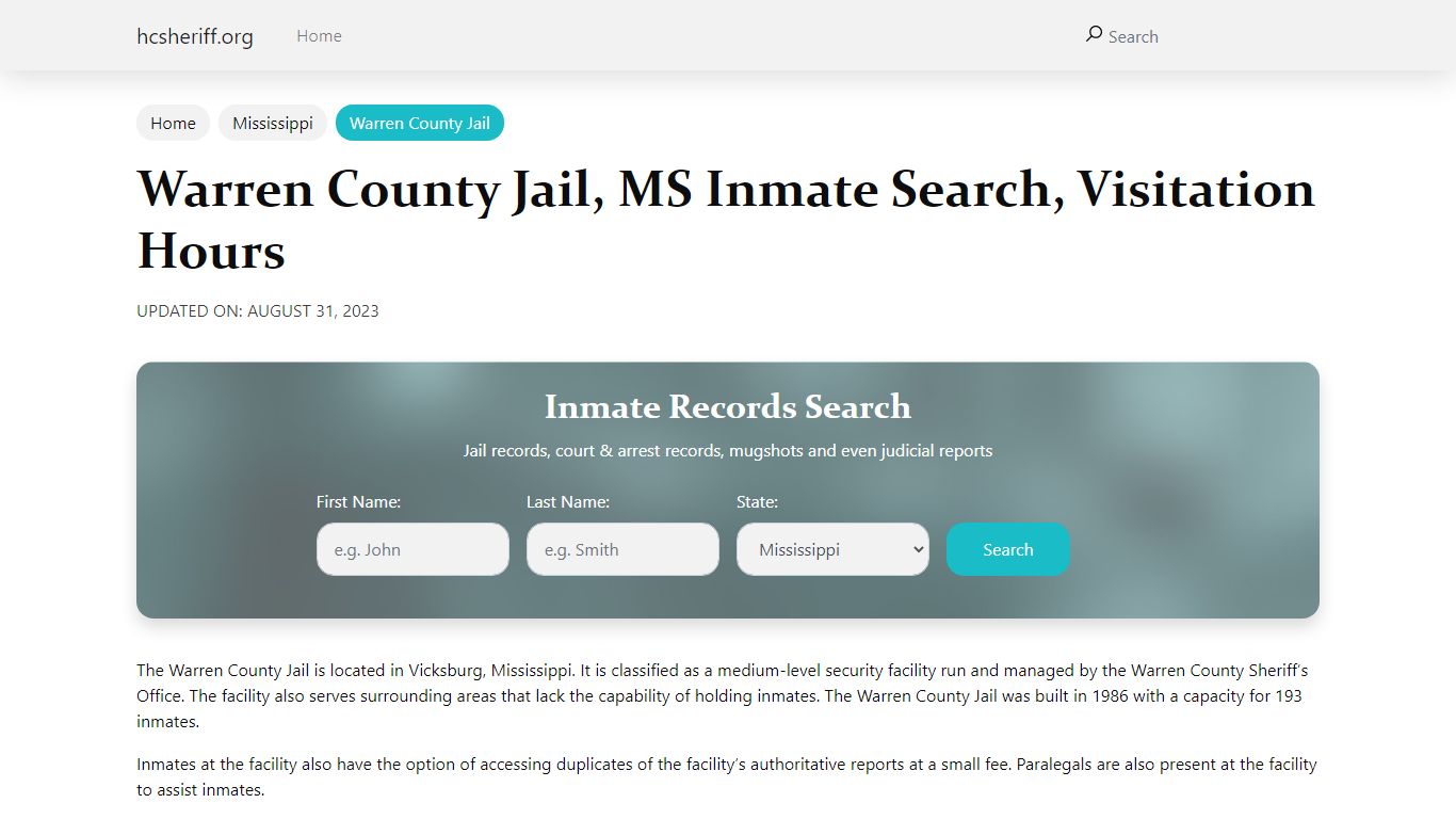 Warren County Jail, MS Inmate Search, Visitation Hours